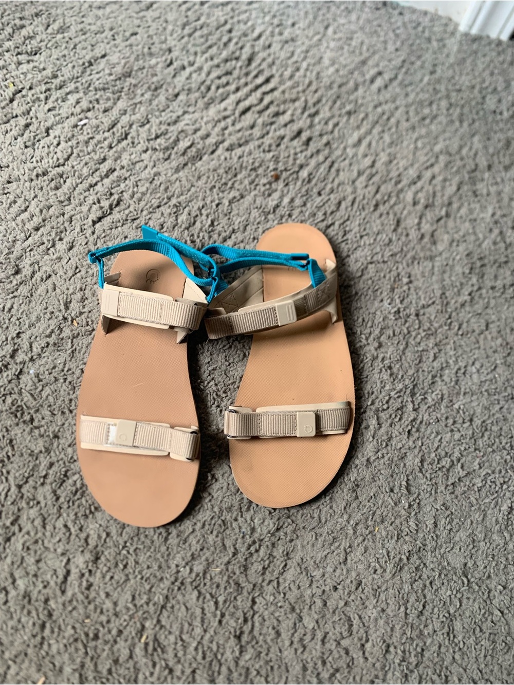 Women's Neutral Beige Sandals with Teal Accent Straps